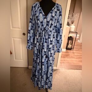 Mud Pie Blue Botanical Tie-Front Maxi Dress